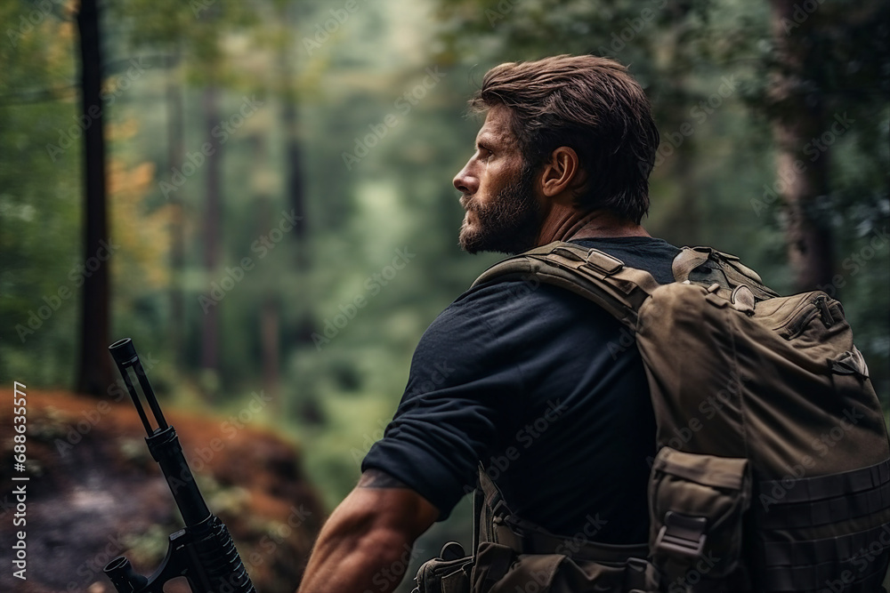 Generative ai picture of handsome nice man exploring wild nature walking in forest Generative ai picture of handsome nice man exploring wild nature walking in forest