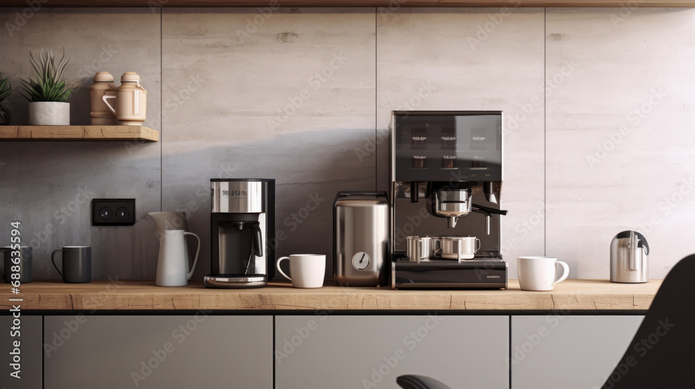 Modern coffee machine on the table in the kitchen. Fresh coffee. On the kitchen table, coffee is prepared for breakfast using a coffee machine. Technology concept. Modern coffee machine on the table in the kitchen. Fresh coffee. On the kitchen table, coffee is prepared for breakfast using a coffee machine. Technology concept.