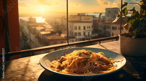 A plate of spaghetti Bolognese by the window photo