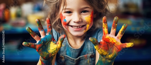 A naughty and happy little girl shows her paint-stained hands. Generative AI