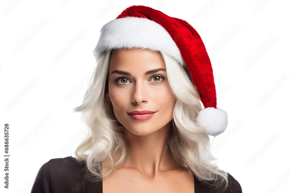 beautiful woman in a Santa-style Christmas look, close-up, isolated on a white background PNG beautiful woman in a Santa-style Christmas look, close-up, isolated on a white background PNG