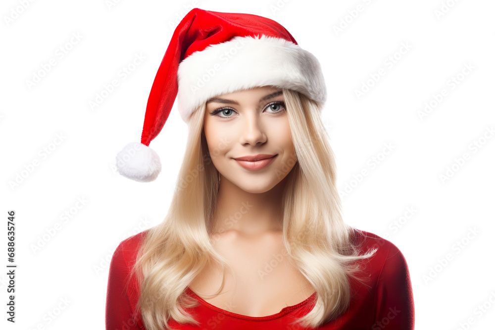 beautiful woman in a Santa-style Christmas look, close-up, isolated on a white background PNG beautiful woman in a Santa-style Christmas look, close-up, isolated on a white background PNG