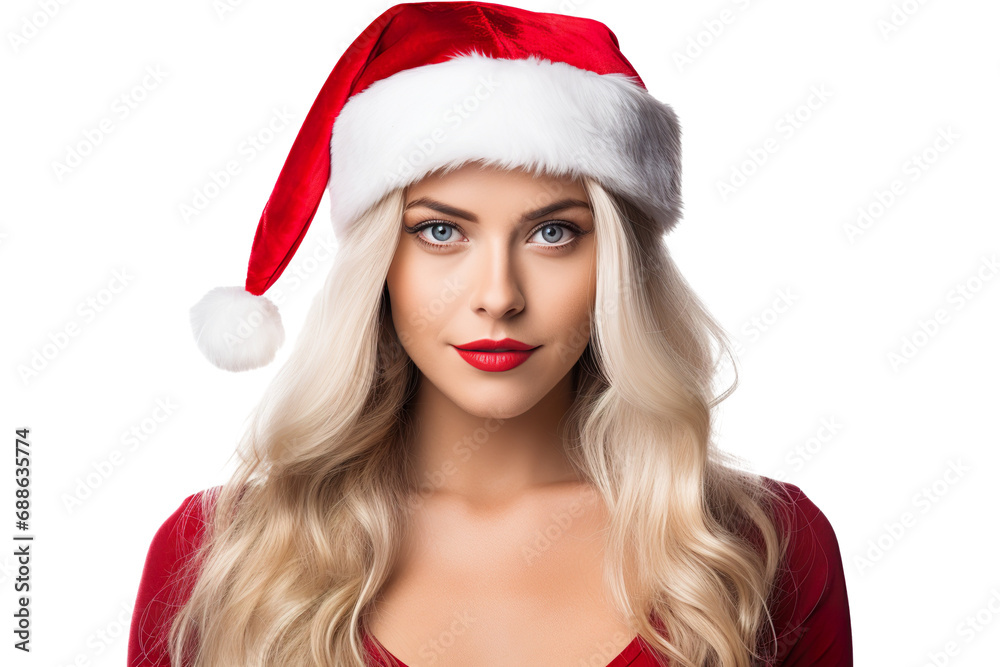 beautiful woman in a Santa-style Christmas look, close-up, isolated on a white background PNG beautiful woman in a Santa-style Christmas look, close-up, isolated on a white background PNG