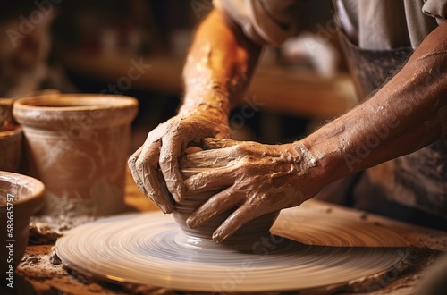 Hands making pottery, molding a piece of clay with a wheel. Generative AI