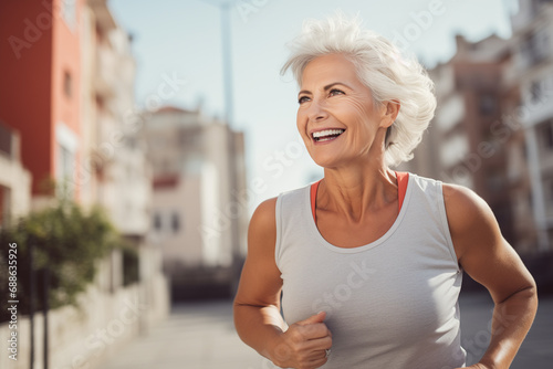 Fitness older woman running outside in the morning. Active healthy lifestyle among seniors.