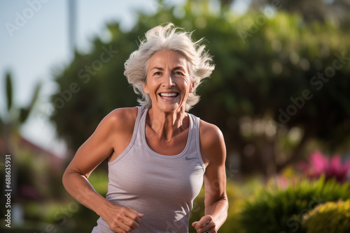 Fitness older woman running outside in the morning. Active healthy lifestyle among seniors.