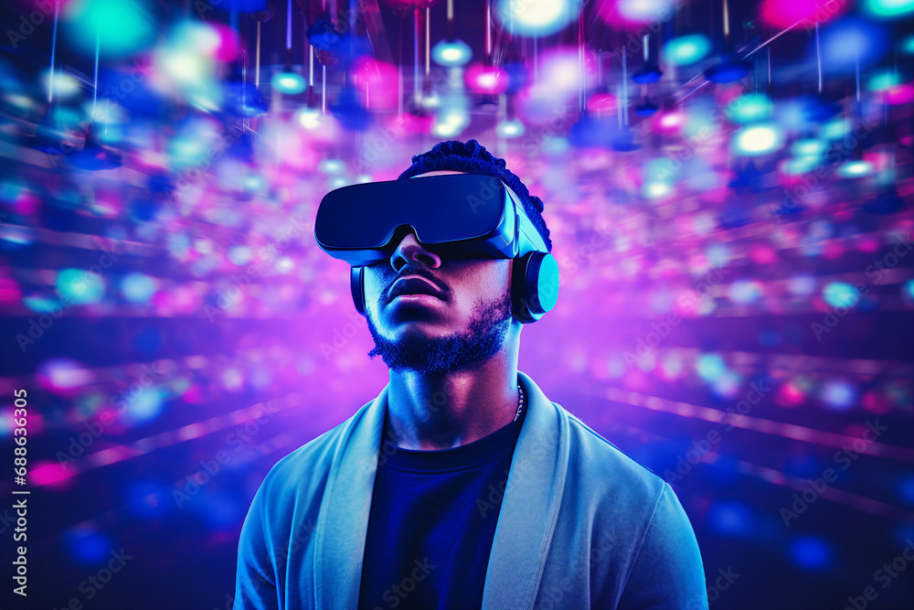 Youngster watching 3d object in virtual world fun cheerful vr glasses goggles generative ai Youngster watching 3d object in virtual world fun cheerful vr glasses goggles generative ai
