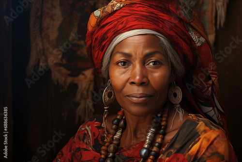 portrait of an old African American woman in traditional ethnic clothing and headdress