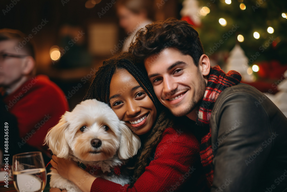 Young family with favorite pet doggy kitten sitting festive christmas table Generative AI Young family with favorite pet doggy kitten sitting festive christmas table Generative AI