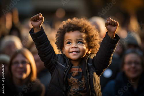 Little black boy with raised fist. Black history month photo