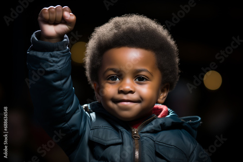Little black boy with raised fist. Black history month