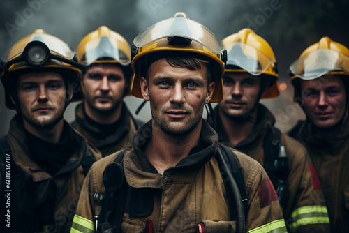 AI generated portrait of rescuers evacuates people from fire