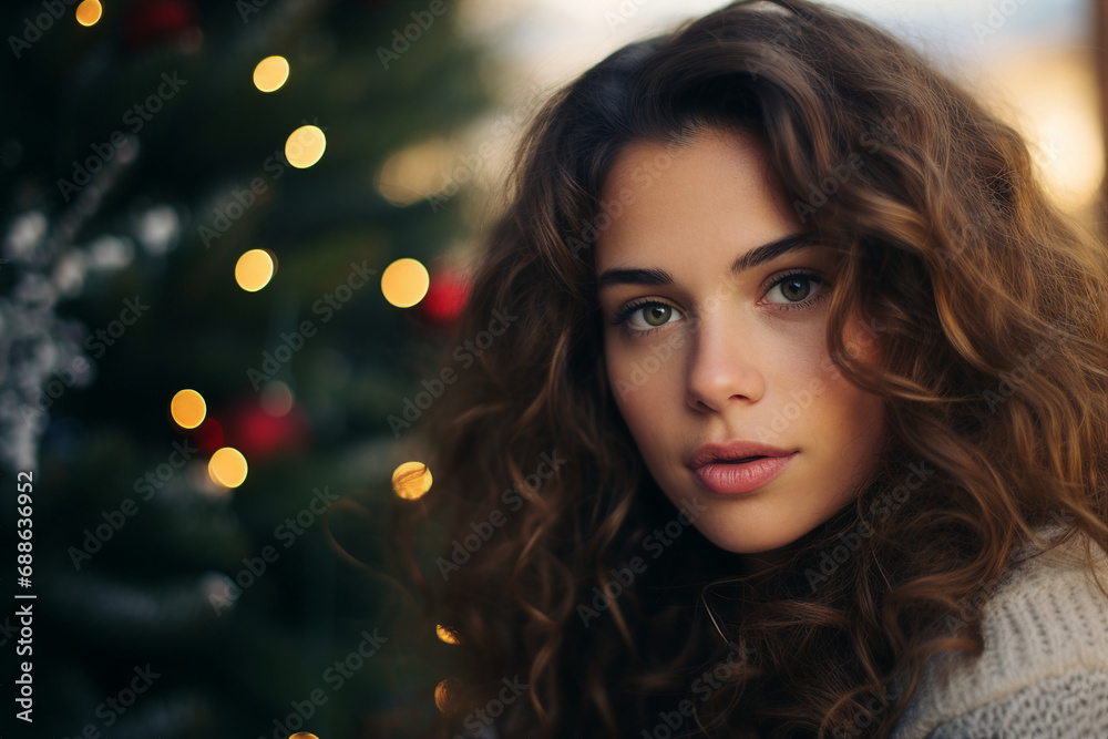 Generative AI portrait of young stunning woman walking street wearing fashion clothes christmas big city Generative AI portrait of young stunning woman walking street wearing fashion clothes christmas big city