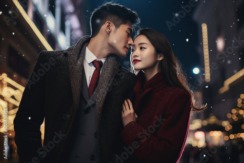 Generative AI portrait of young asian couple walking street wearing fashion clothes christmas decor big city