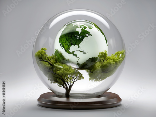 Glass earth globe environmental care, sustainable development concept, green earth, zero carbon emissions and clean air.