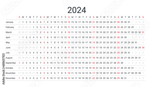 2024 calendar. Linear horizontal planner for year. Yearly calender template. Week starts Sunday. Annual schedule grid with 12 months. Landscape orientation, english. Simple design. Vector illustration