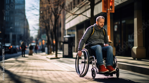 A man in a wheelchair walks alone along a city street. Disabled man enjoying the weather outdoors. Disability concept, walking. © Alina Tymofieieva