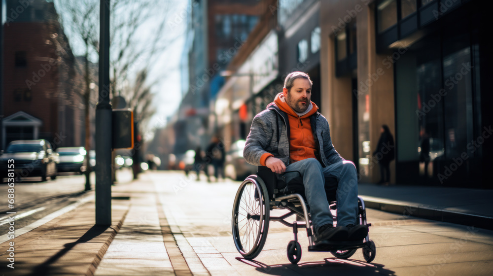 Obraz premium A man in a wheelchair walks alone along a city street. Disabled man enjoying the weather outdoors. Disability concept, walking.