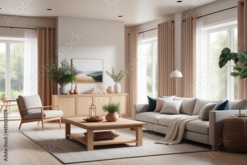 Cozy style living room interior design A comfortable, clean living room with light wood furniture, decorations, and a comfortable and romantic atmosphere. © DJSPIDA FOTO