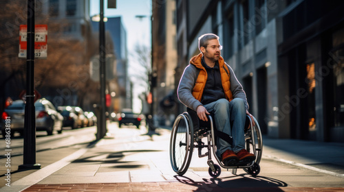 A man in a wheelchair walks alone along a city street. Disabled man enjoying the weather outdoors. Disability concept, walking. photo