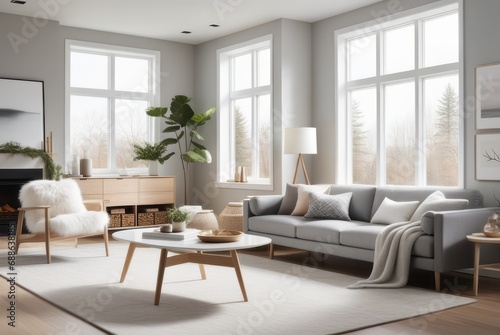 Cozy style living room interior design A comfortable, clean living room with light wood furniture, decorations, and a comfortable and romantic atmosphere.