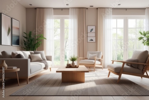 Cozy style living room interior design A comfortable, clean living room with light wood furniture, decorations, and a comfortable and romantic atmosphere. © DJSPIDA FOTO
