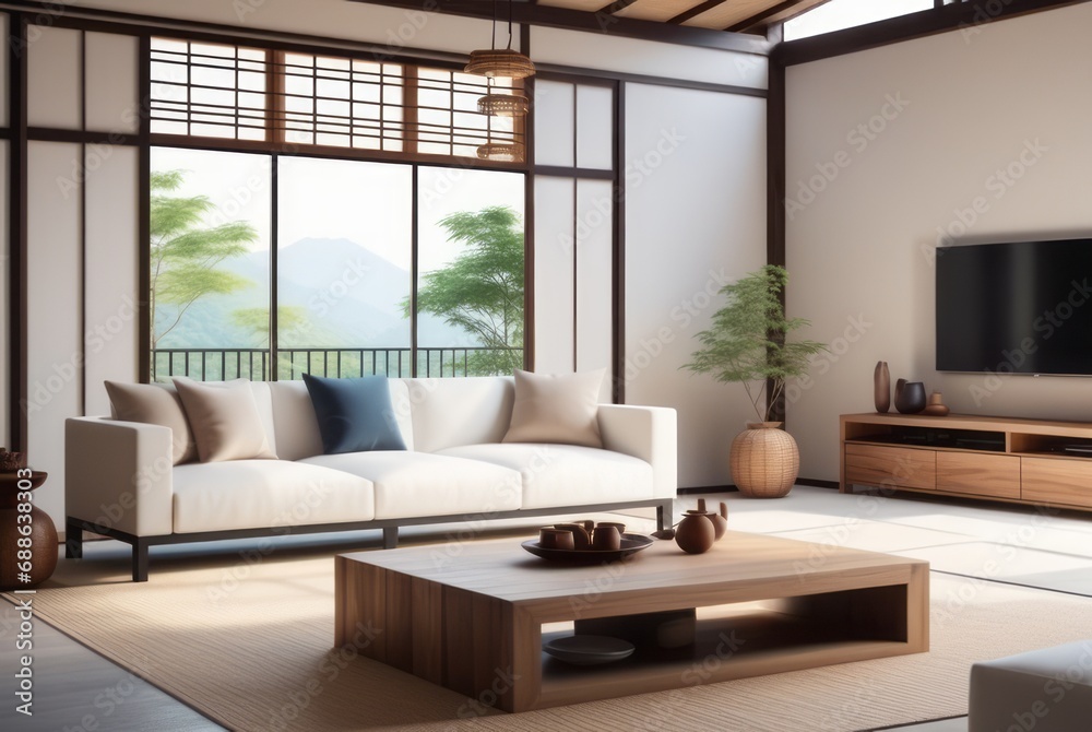 Japanese style living room interior design A comfortable, clean living room with light wood furniture, decorations, and a comfortable and romantic atmosphere.