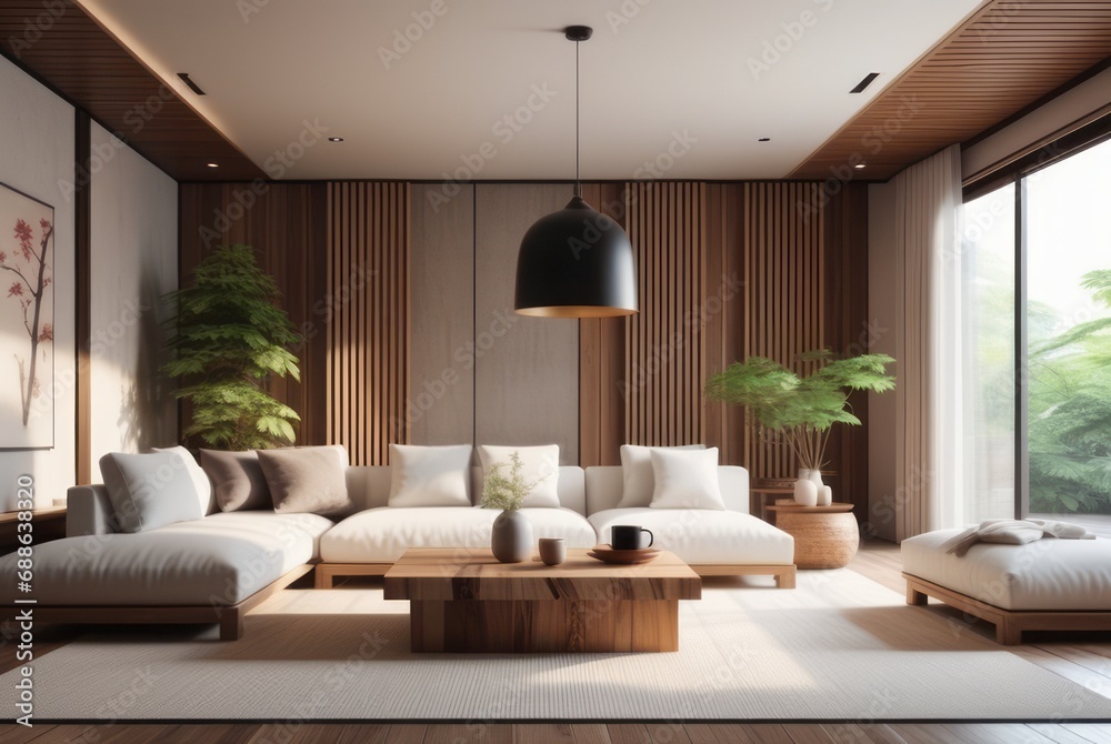 Japanese style living room interior design A comfortable, clean living room with light wood furniture, decorations, and a comfortable and romantic atmosphere. Japanese style living room interior design A comfortable, clean living room with light wood furniture, decorations, and a comfortable and romantic atmosphere.