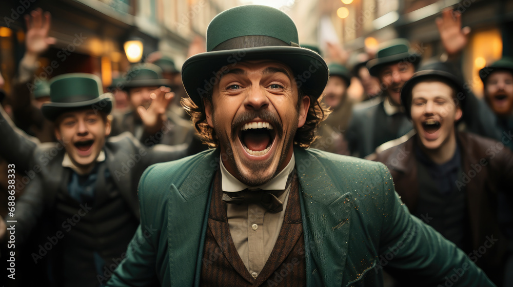 people in green costumes for St. Patrick's Day on the street of Dublin, Ireland, carnival, festival, traditional holiday, shamrock, Irish man, city, celebration, cheerful face, portrait, fun, emotion people in green costumes for St. Patrick's Day on the street of Dublin, Ireland, carnival, festival, traditional holiday, shamrock, Irish man, city, celebration, cheerful face, portrait, fun, emotion