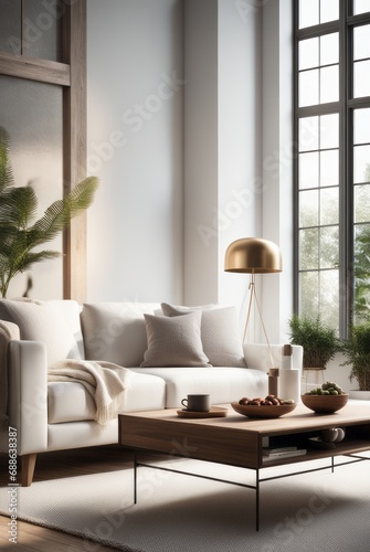 Scandinavian style living room interior design A comfortable, clean living room with light wood furniture, decorations, and a comfortable and romantic atmosphere.