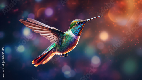 Nature's Palette, Colorful Hummingbird in Vibrant Surroundings - A Symphony of Hues in Flight. © pkproject