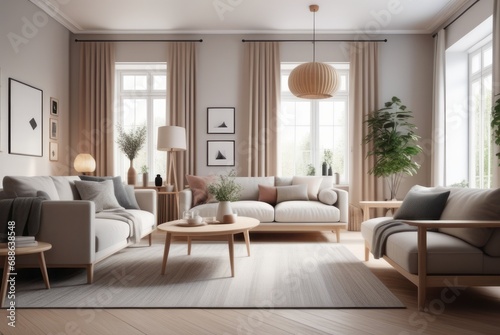 Scandinavian style living room interior design A comfortable, clean living room with light wood furniture, decorations, and a comfortable and romantic atmosphere. © DJSPIDA FOTO