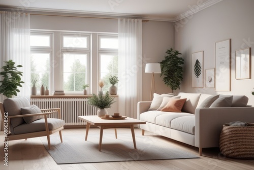 Wallpaper Mural Scandinavian style living room interior design A comfortable, clean living room with light wood furniture, decorations, and a comfortable and romantic atmosphere. Torontodigital.ca