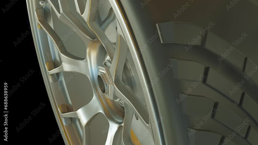 4K. Seamless looping animation of spinning car wheel. New car tire