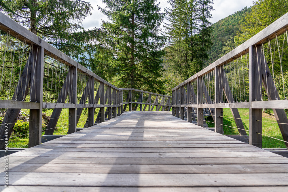 Wooden walking trail for recreation through the forest to the nearby hills, Bohinj, Triglav national park, Slovenia