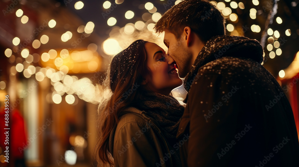 A young couple in love, a man and a woman, hug and kiss in the evening on a crowded city street, glowing bokeh lights.