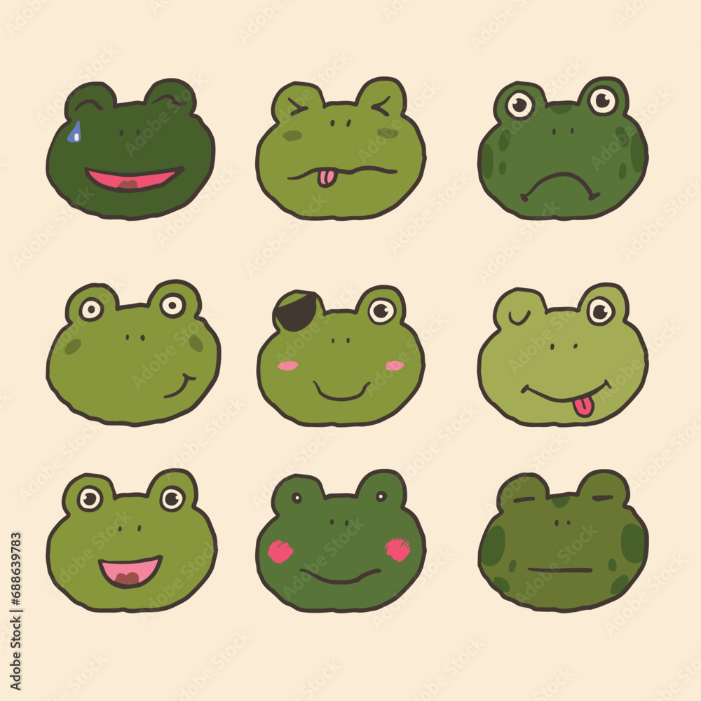 Cute cartoon frogs faces. Vector illustration. Cute cartoon frogs faces. Vector illustration.