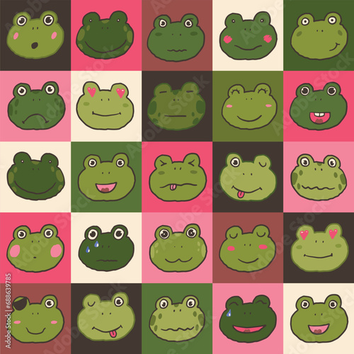 Seamless pattern with cute cartoon frogs faces. Vector illustration.