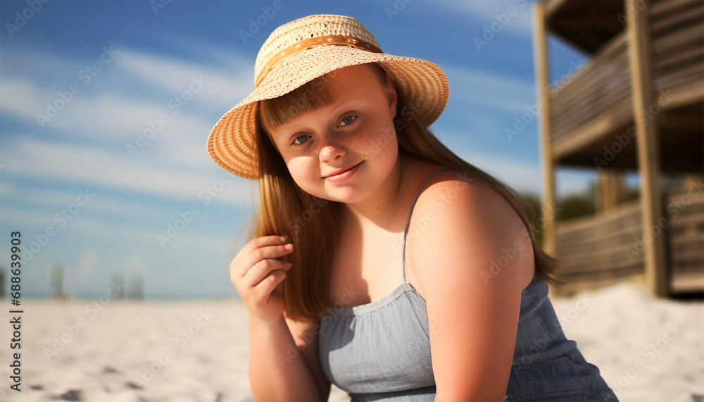 Portrait of a beautiful teen girl with down syndrome on a beach in the summer. Laughs happily. Having fun on her Holiday.