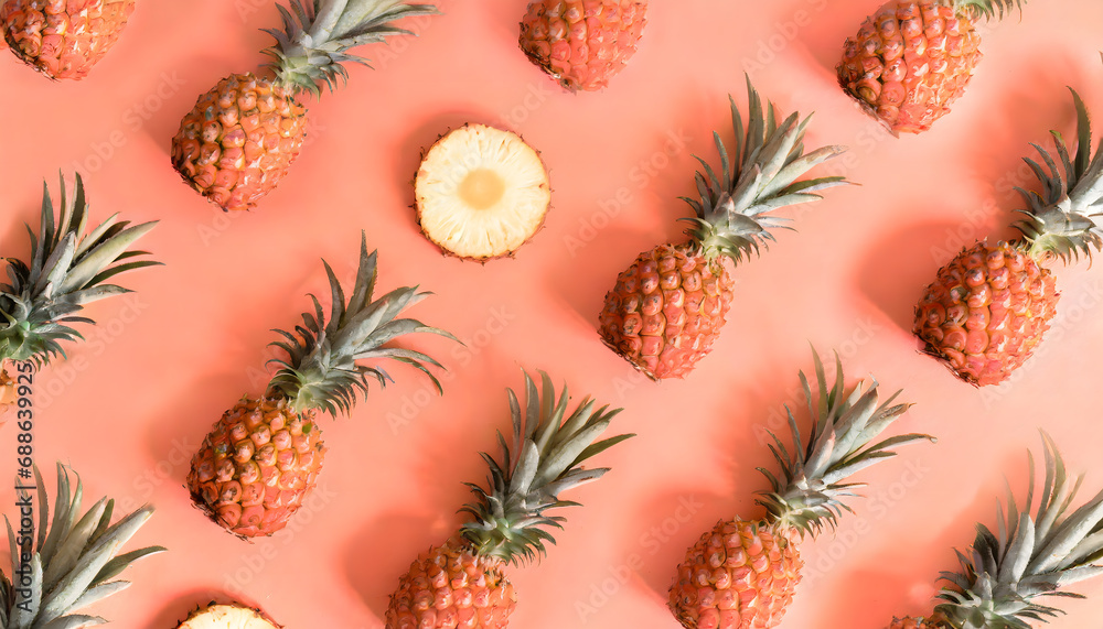 Fototapeta premium Pattern background of pineapples on the coral pastel background. Summer concept 