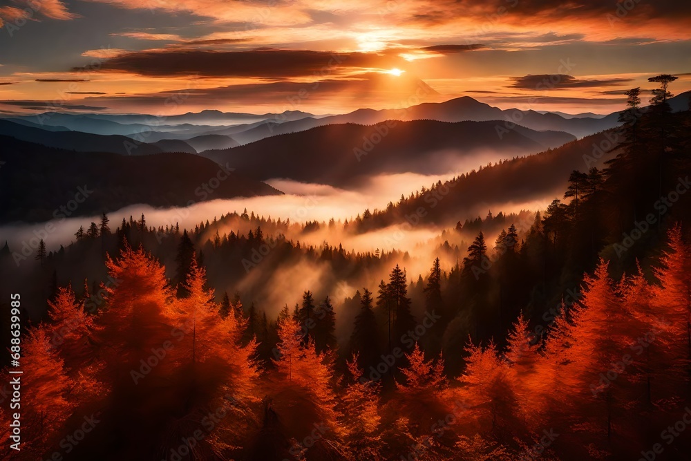 Sunrise over a mist-covered forest, with mountains in the distance and vibrant clouds