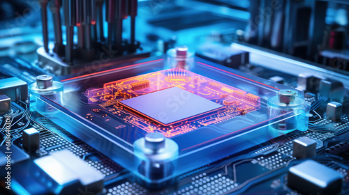 The silicon crystal is removed from the semiconductor wafer and bonded to the substrate using a placement machine. Semiconductor packaging process. Concept of modern technology, production.
