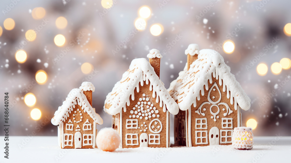Christmas gingerbread house decoration on white background of defocused golden lights. Hand decorated.
