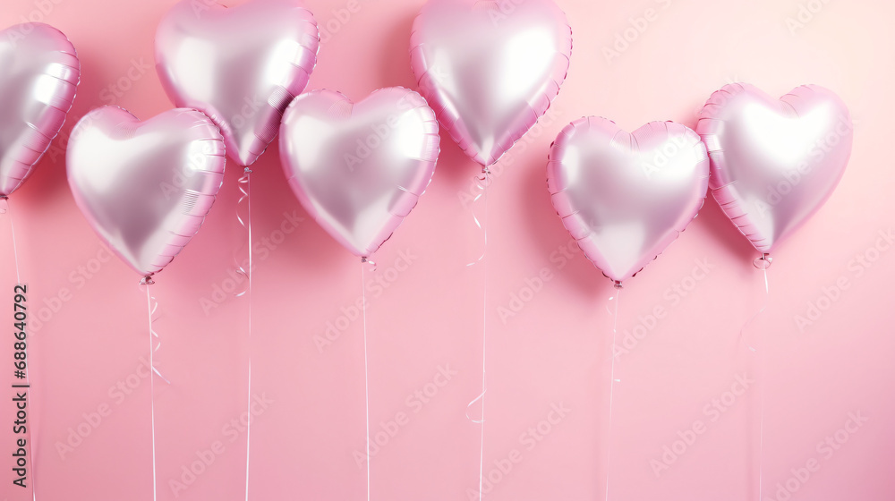 Air Balloons of heart shaped foil on pastel pink background