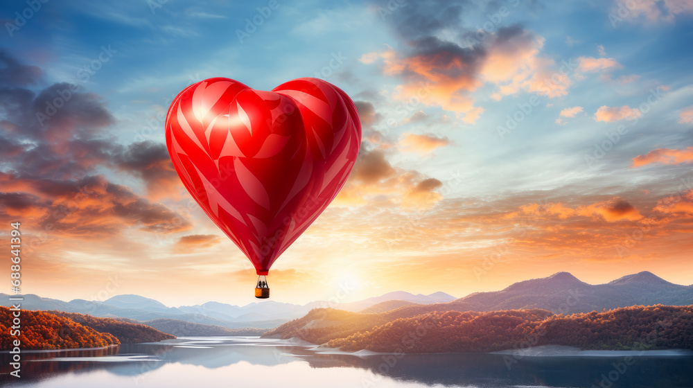 Obraz premium A large, red, heart-shaped balloon flies high in the clouds over the mountains at sunset. An unusual gift for a holiday, emotions, balloonists, extreme sports.