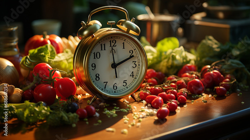 Alarm clock with vegetables and fruits.