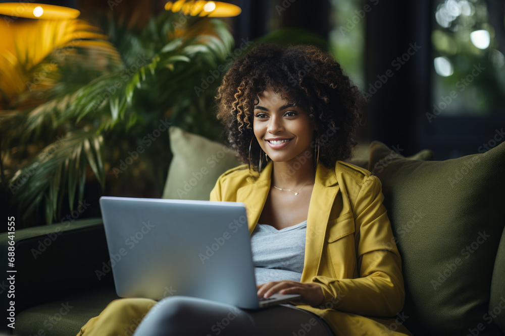 Fototapeta premium Portrait of a smiling African American female freelancer working on a laptop.