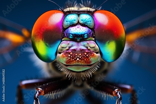 Photo of a vividly colored dragonfly in extreme close-up. Generative AI photo
