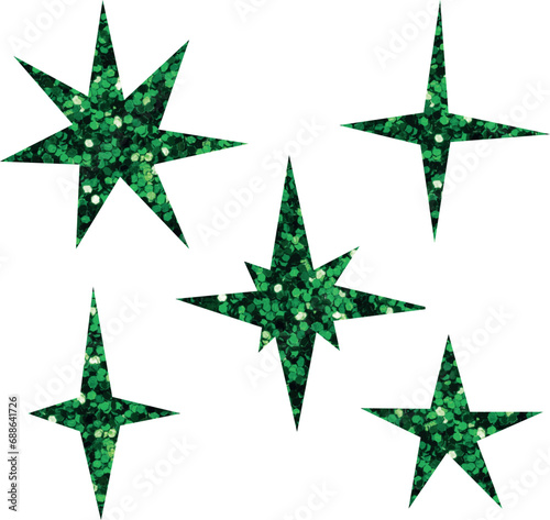 set of green glitter stars isolated on transparent background. vector sparkling christmas star decoration. shiny birthday party star shapes