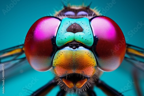 Photo of a vividly colored dragonfly in extreme close-up. Generative AI